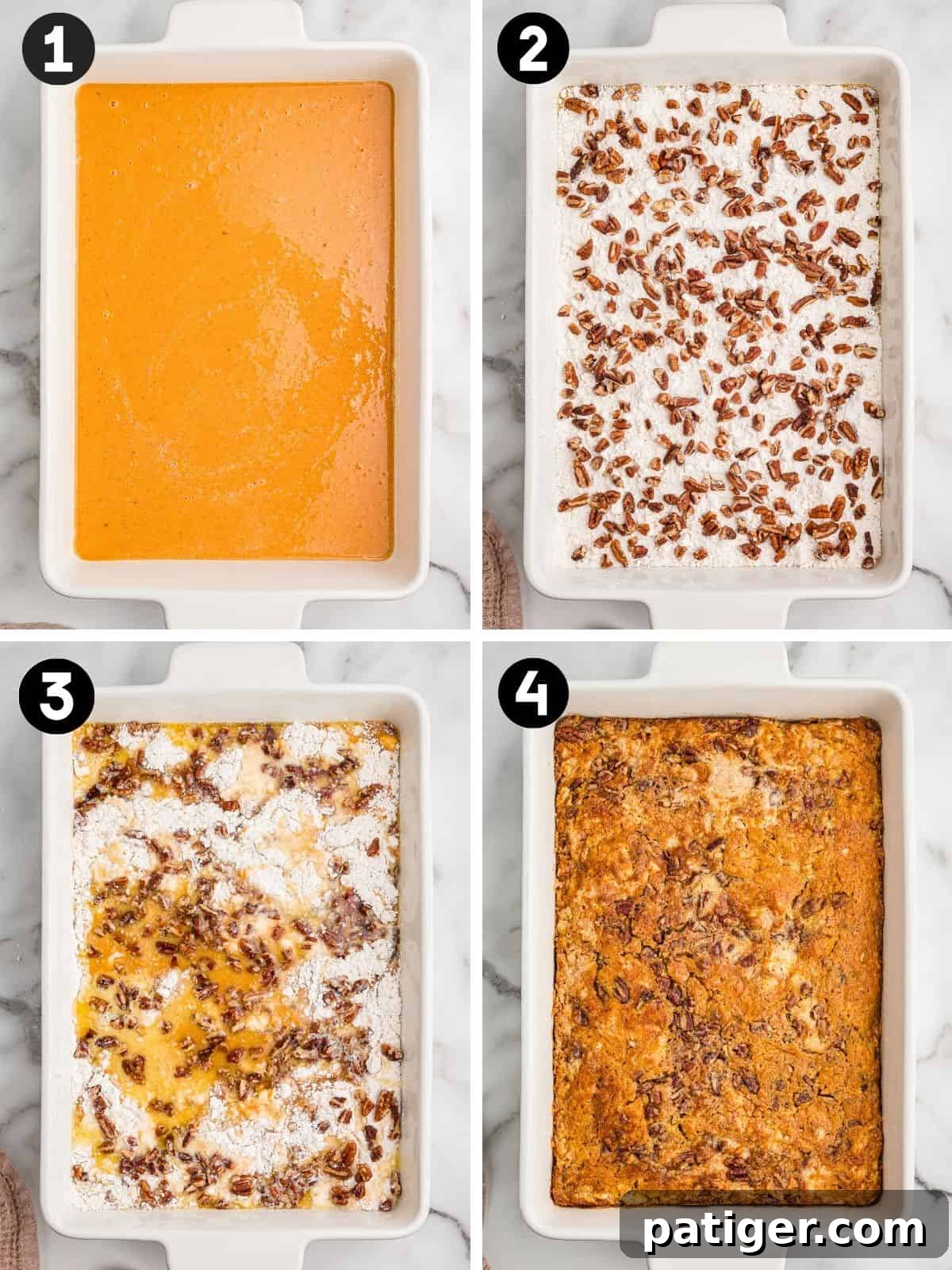 Four steps: pumpkin batter in a baking dish, dry cake mix and pecans on top, melted butter drizzled over, and the finished baked cake.