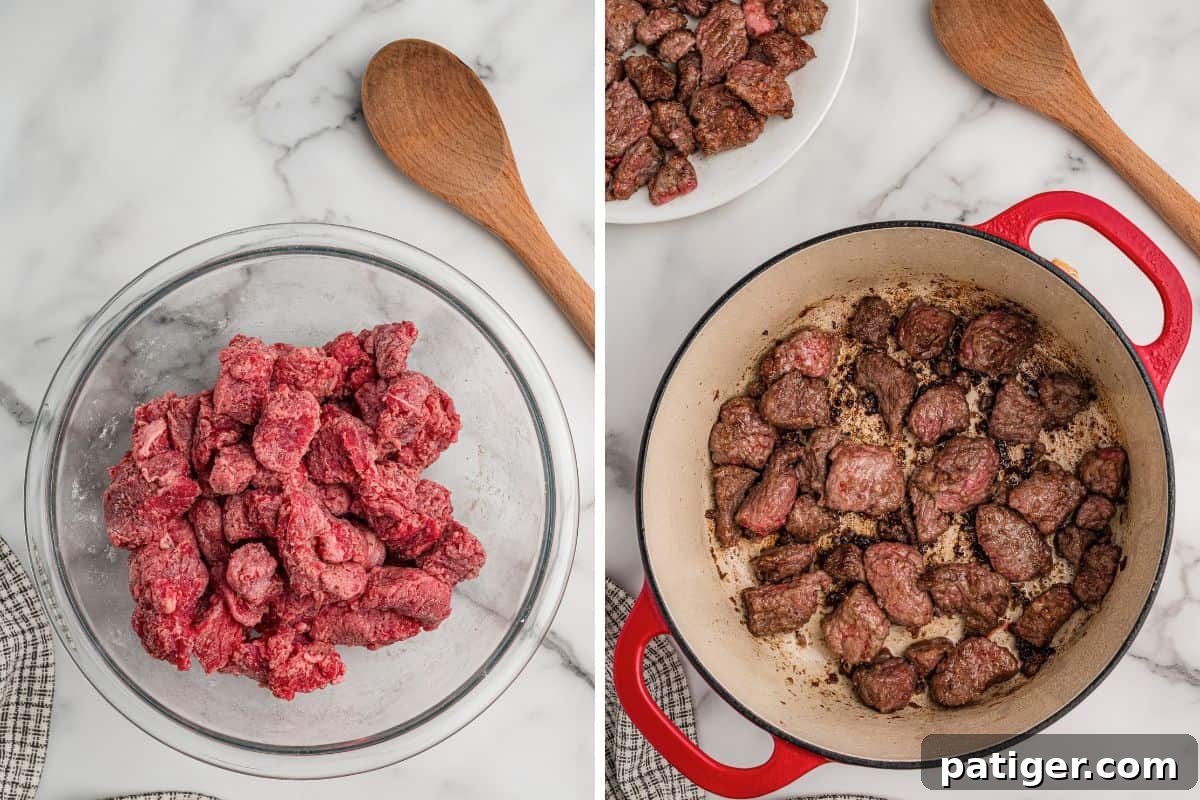 Classic Hearty Beef Stew Recipe with Tender Braised Beef 4 Left: flour-coated beef in a glass bowl. Right: beef browning in a Dutch oven beside a plate of browned pieces.