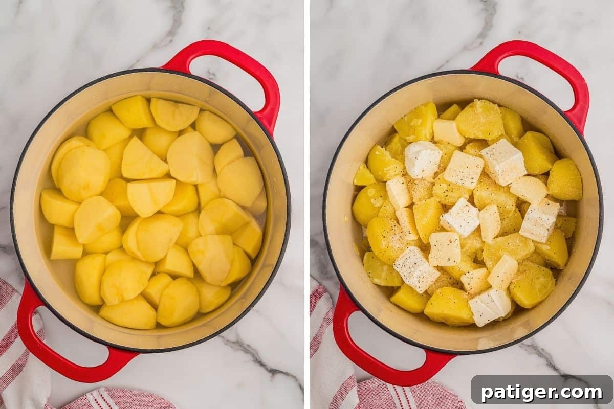 Left: peeled potato chunks covered with water in a red-handled pot. Right: drained potatoes topped with cubes of butter, cream cheese, and seasoning.