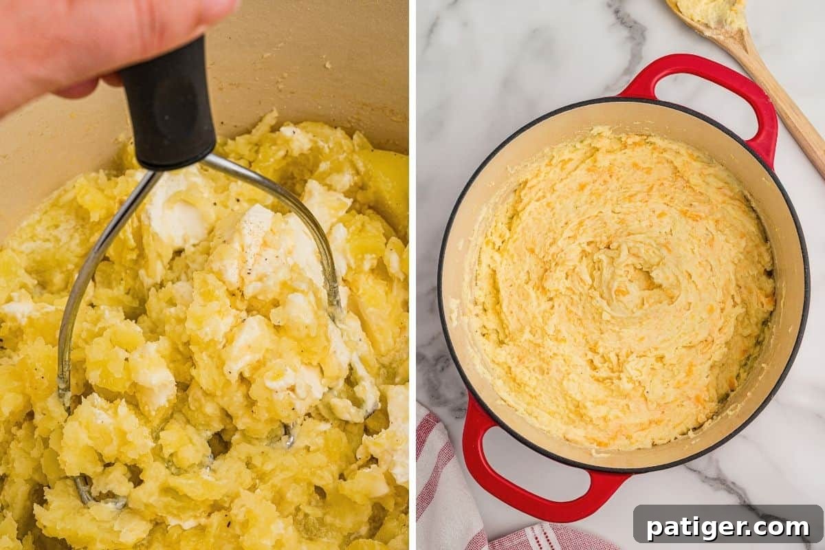 Left: potatoes and cream cheese being mashed with a potato masher. Right: creamy mashed potatoes with shredded cheddar stirred in.