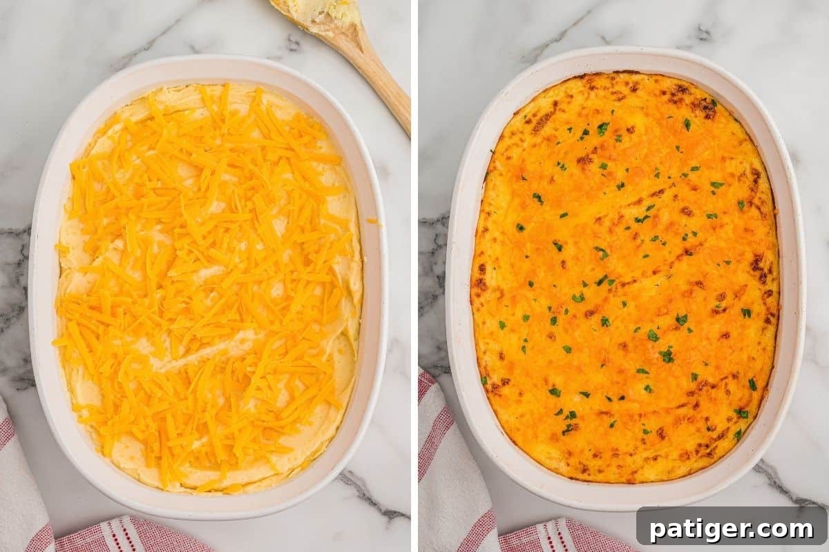 Left: mashed potatoes in a white oval dish covered with shredded cheddar. Right: the same dish baked golden and sprinkled with parsley.