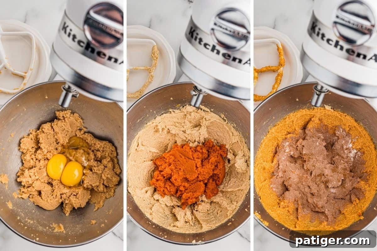 Three panels: eggs added to creamed butter and sugar, pumpkin puree added, then spices sprinkled over the top.