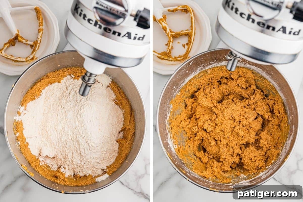 Two panels: flour poured over the pumpkin mixture in a stand mixer bowl, then the finished cookie dough.