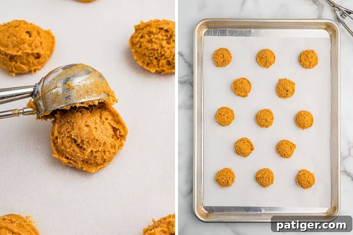 Two panels: a cookie scoop releasing pumpkin dough, then portioned mounds on a parchment-lined baking sheet.