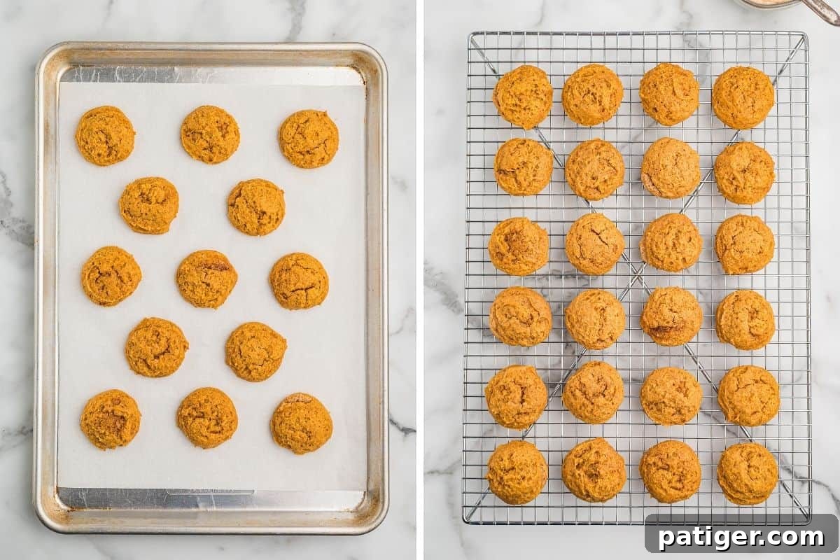 Two panels: baked pumpkin cookies on a parchment-lined sheet, then cooling in rows on a wire rack.