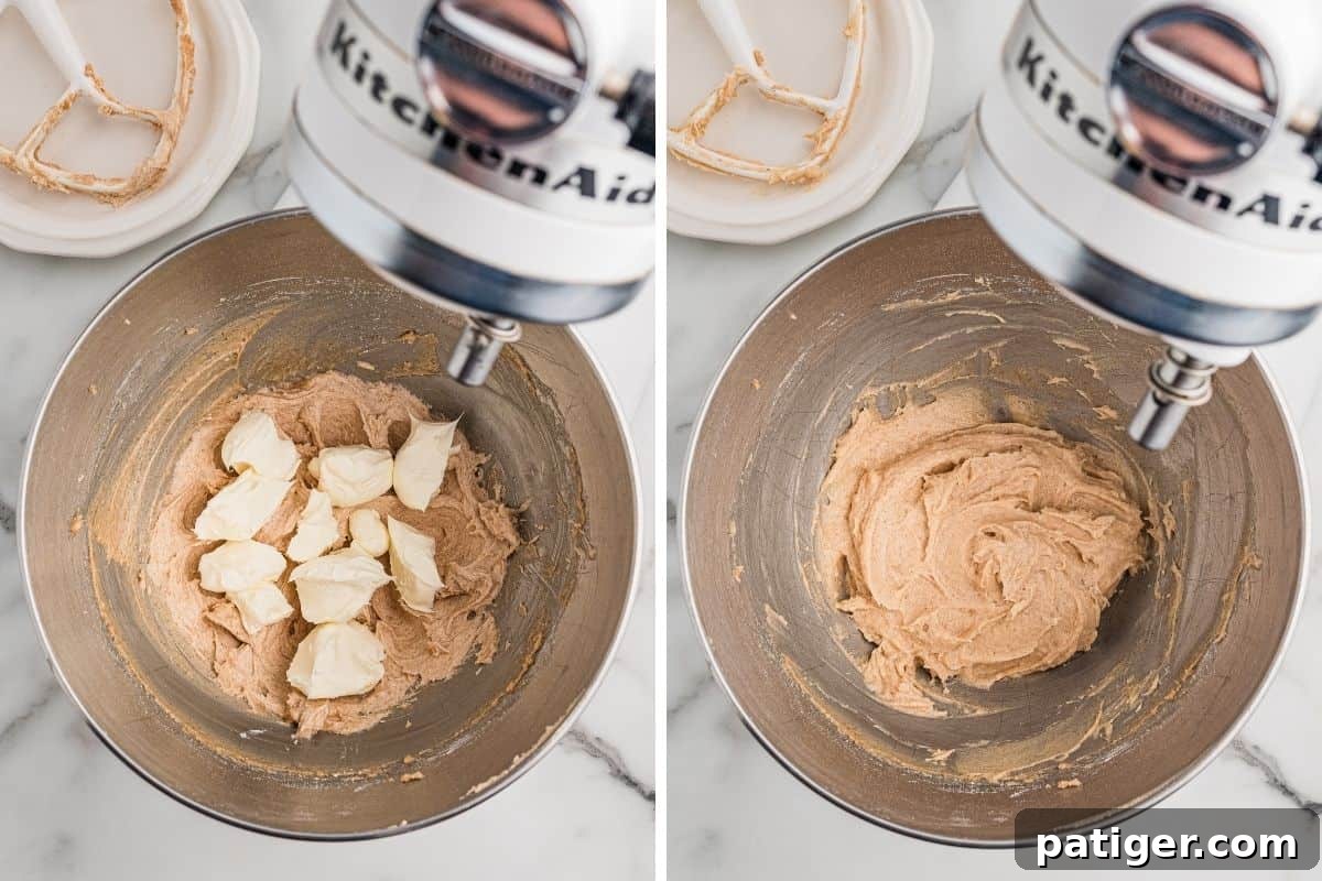 Two panels: chunks of cream cheese added to the frosting base, then the finished smooth frosting.
