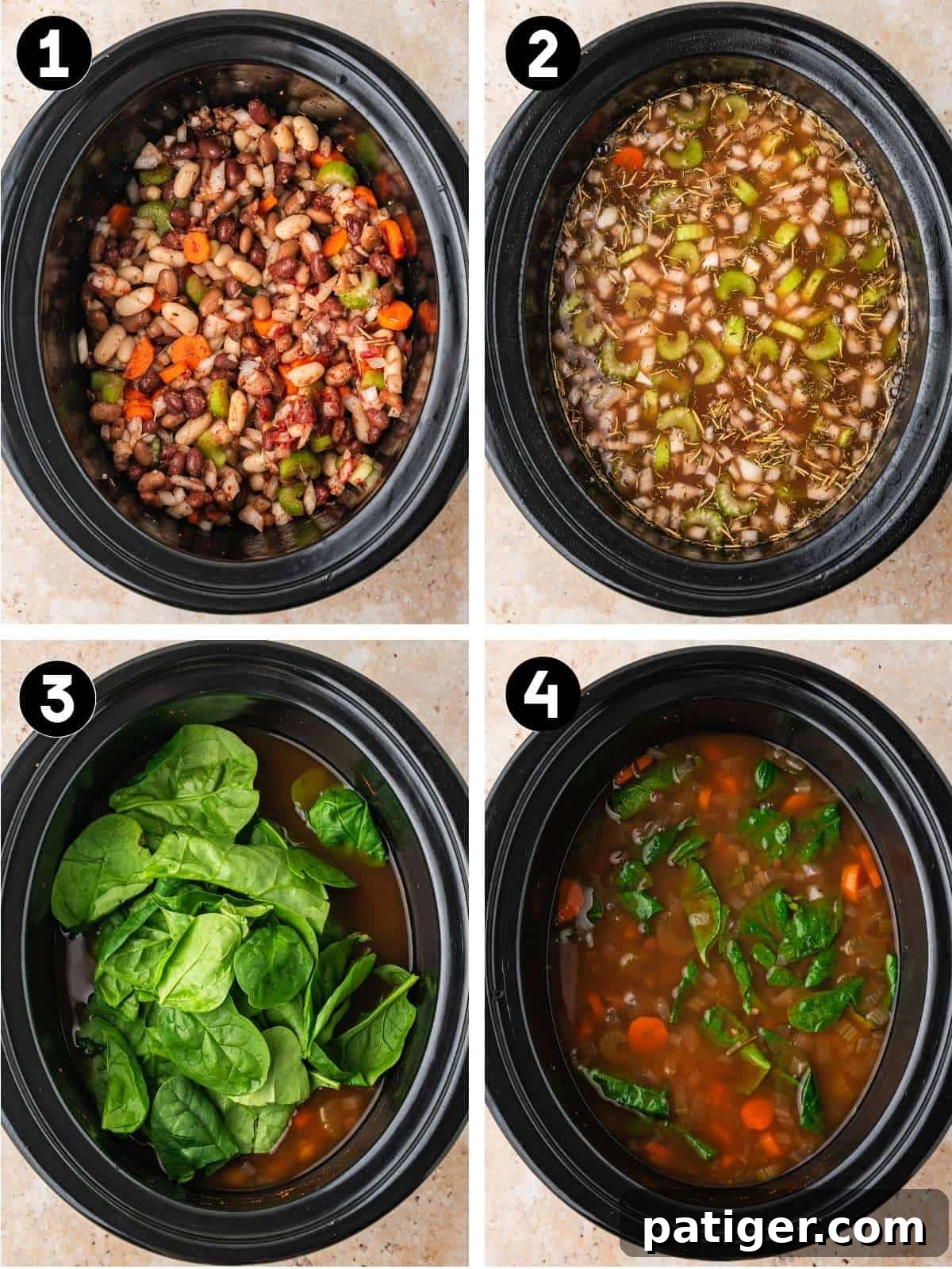 Four steps in a slow cooker: beans and vegetables, broth and herbs added, spinach on top, finished soup.