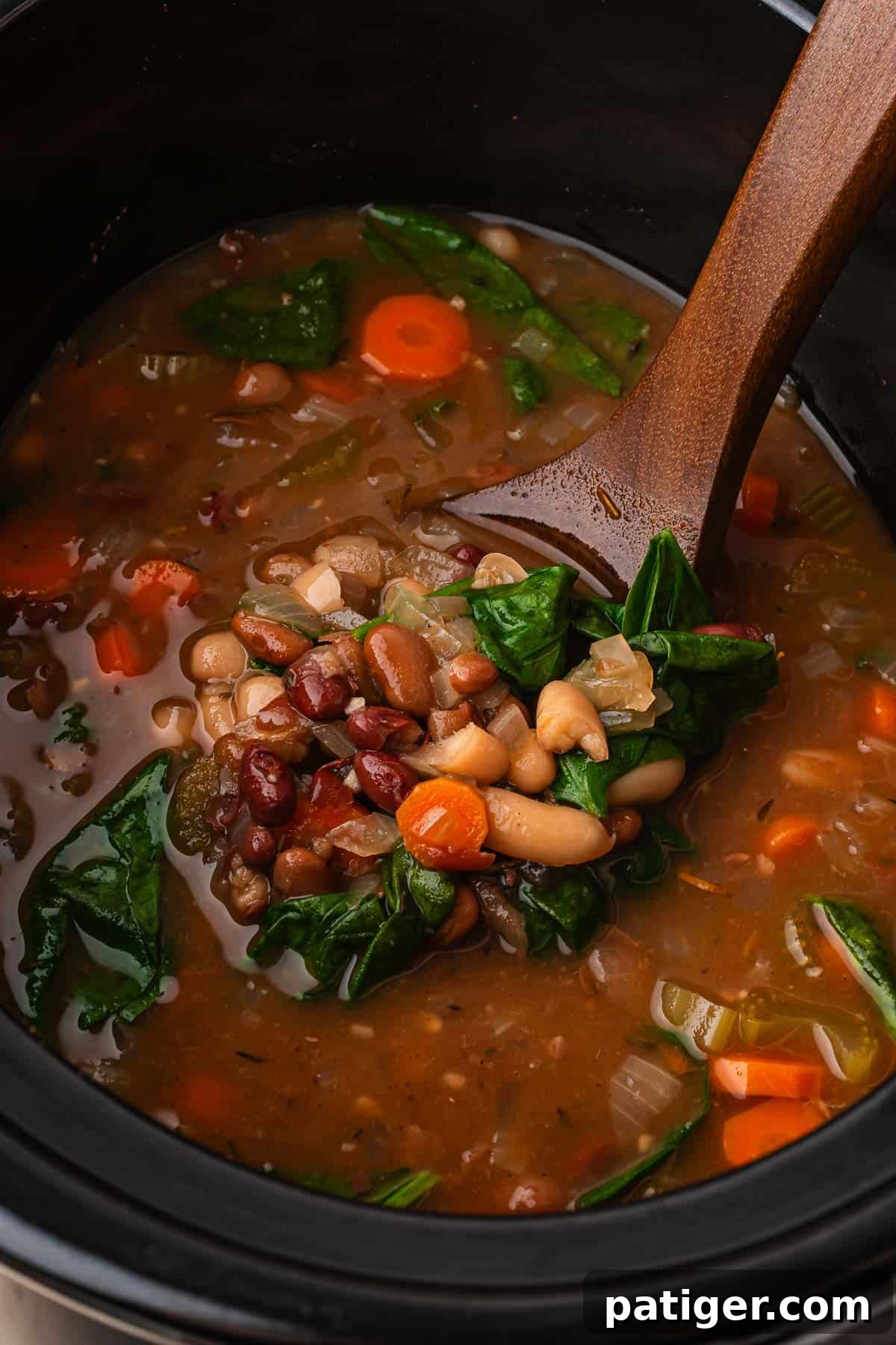 Wooden spoon lifting beans, carrots, and spinach from a slow cooker of bean soup.