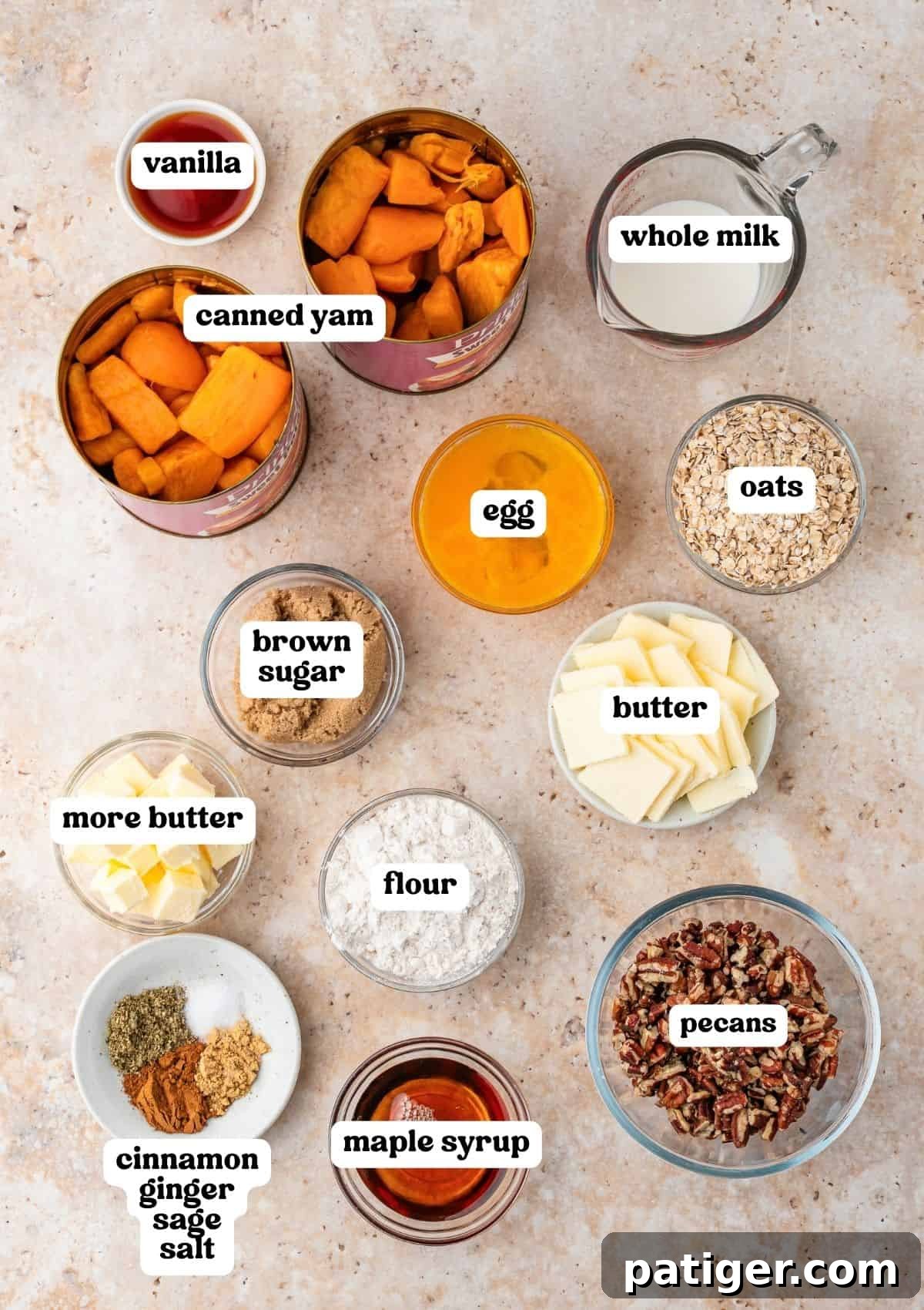 Labeled ingredients: canned yams, maple syrup, egg, whole milk, vanilla, oats, butter, brown sugar, flour, pecans, and spices.