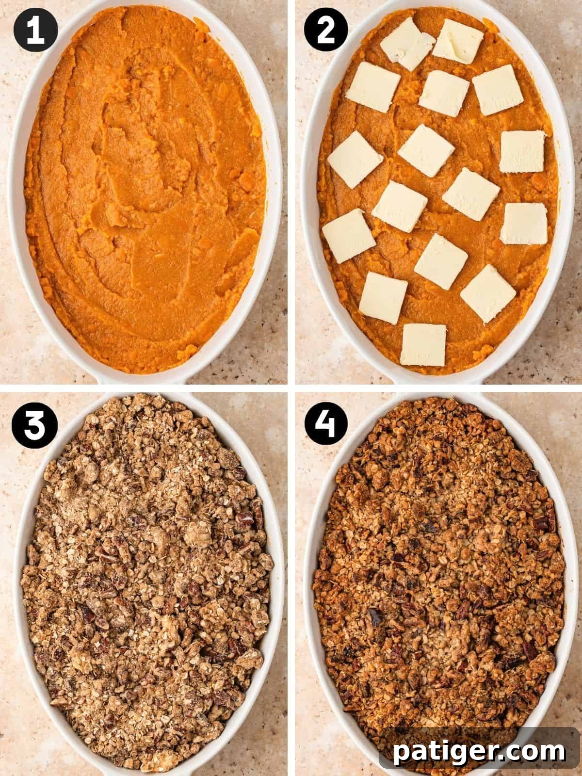 Four-panel collage: mashed yams in the dish, butter slices on top, unbaked streusel, and the baked golden casserole.