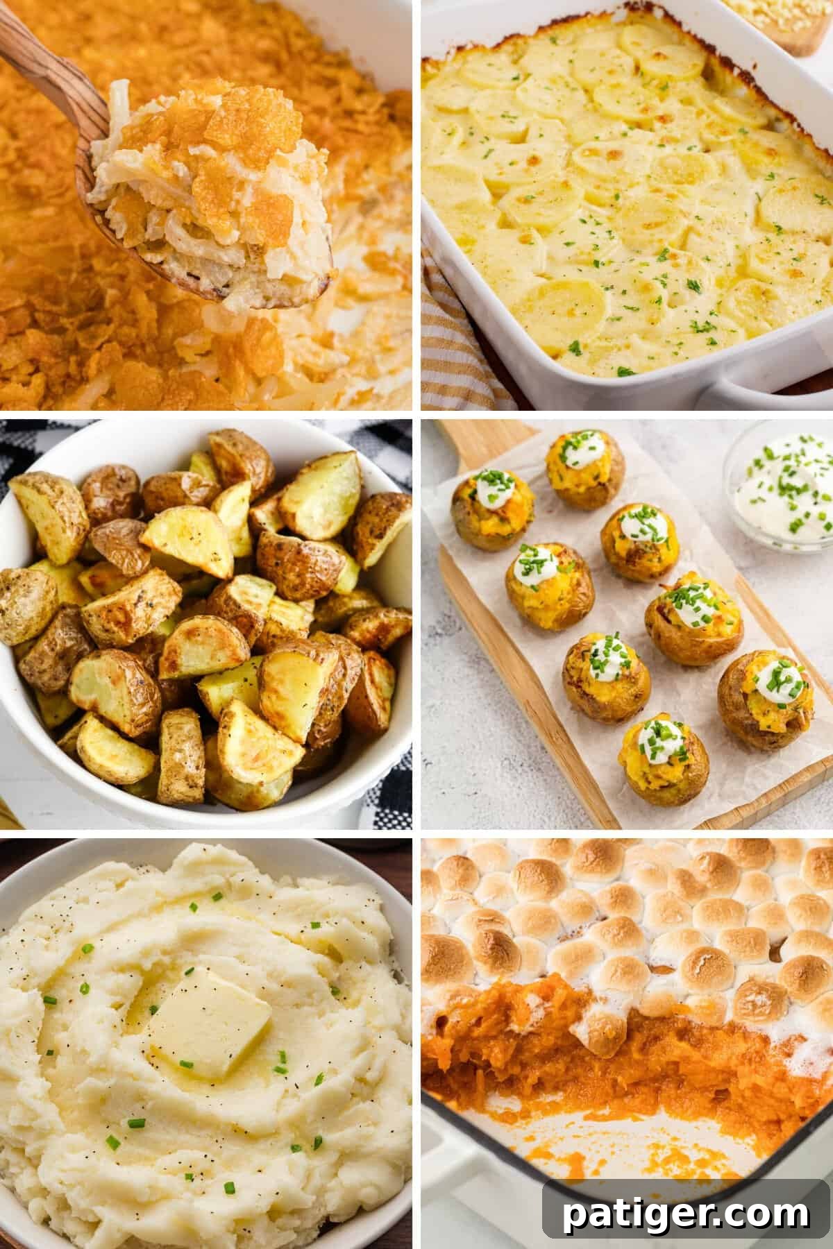 Six potato sides in a grid: cheesy potatoes with corn flakes, scalloped potatoes, air fryer roasted potatoes, mini loaded potatoes, mashed potatoes with butter, and sweet potato casserole with marshmallows.