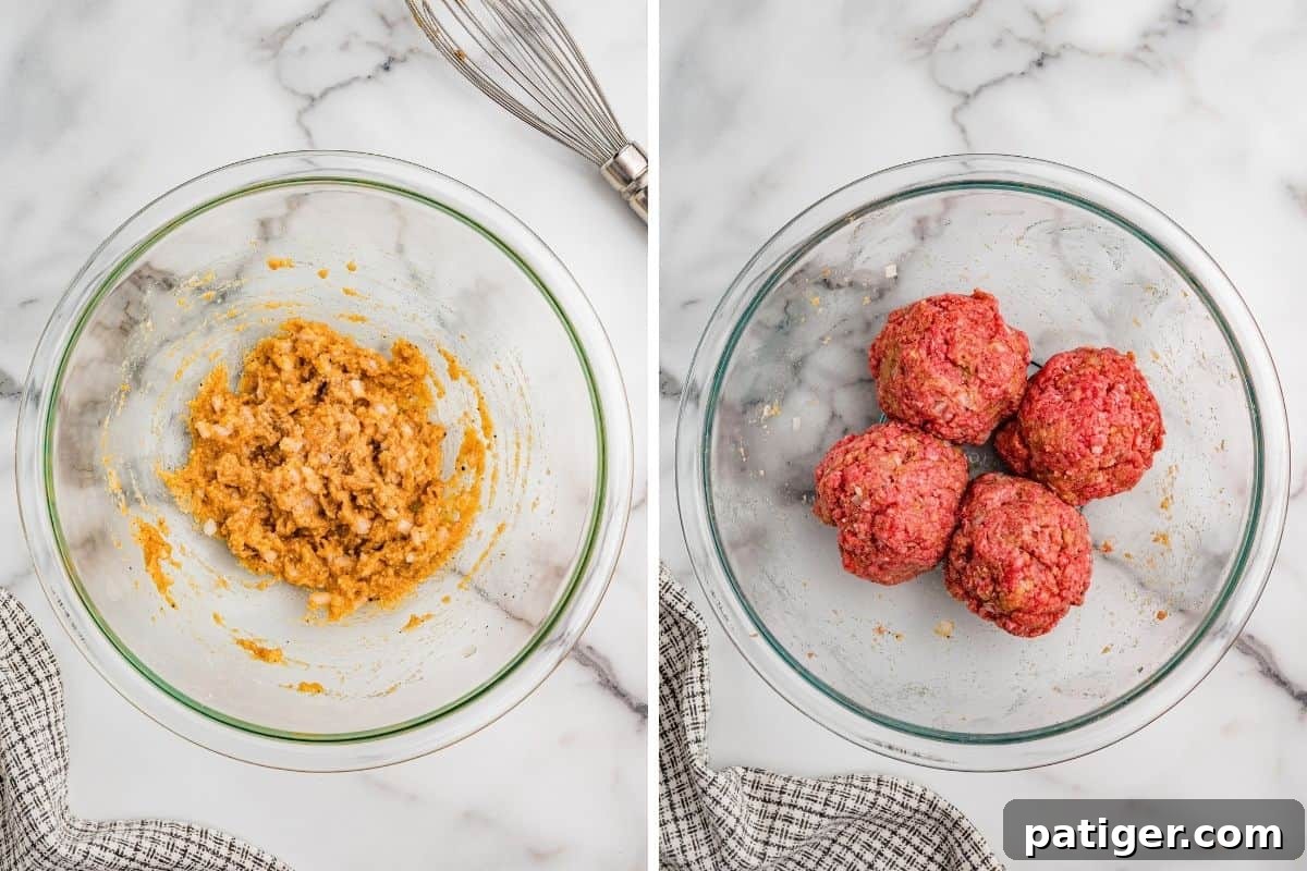 Left: breadcrumb, egg, and onion mixture in a glass bowl. Right: four seasoned ground beef balls in the bowl.