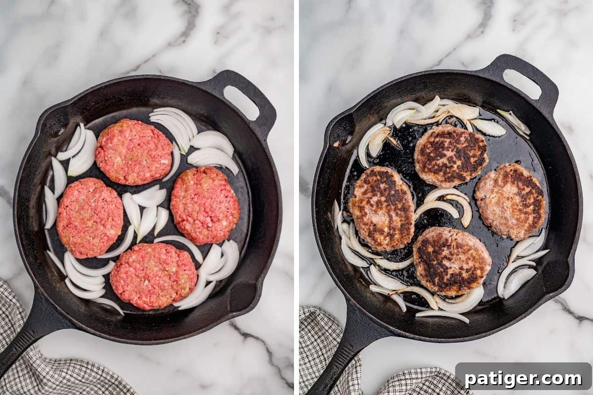 Left: raw oval patties in a cast iron skillet with onion slices around them. Right: patties browned on both sides.