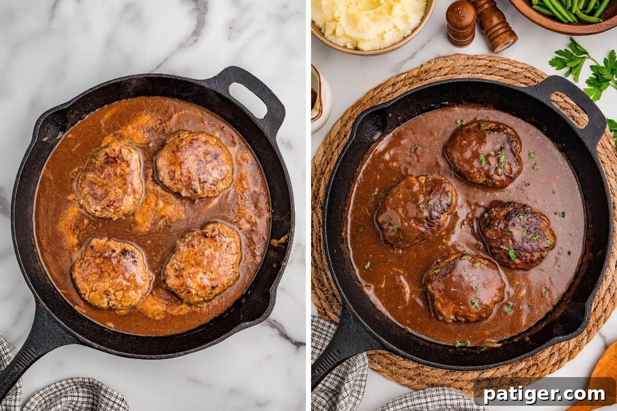 Left: browned patties simmering in brown gravy in the skillet. Right: finished patties in gravy topped with parsley.