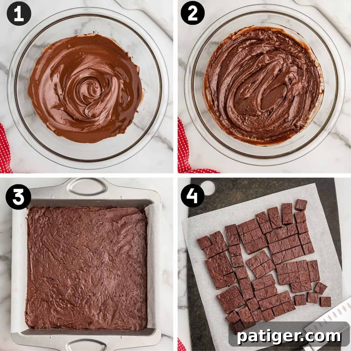Two-Ingredient Chocolate Fudge Recipe 5 Four-step collage: 1) melted chocolate chips swirled in a glass bowl, 2) chocolate frosting stirred into the melted chocolate, 3) fudge mixture spread in a parchment-lined square pan, 4) fudge cut into squares on parchment paper with a knife beside it.