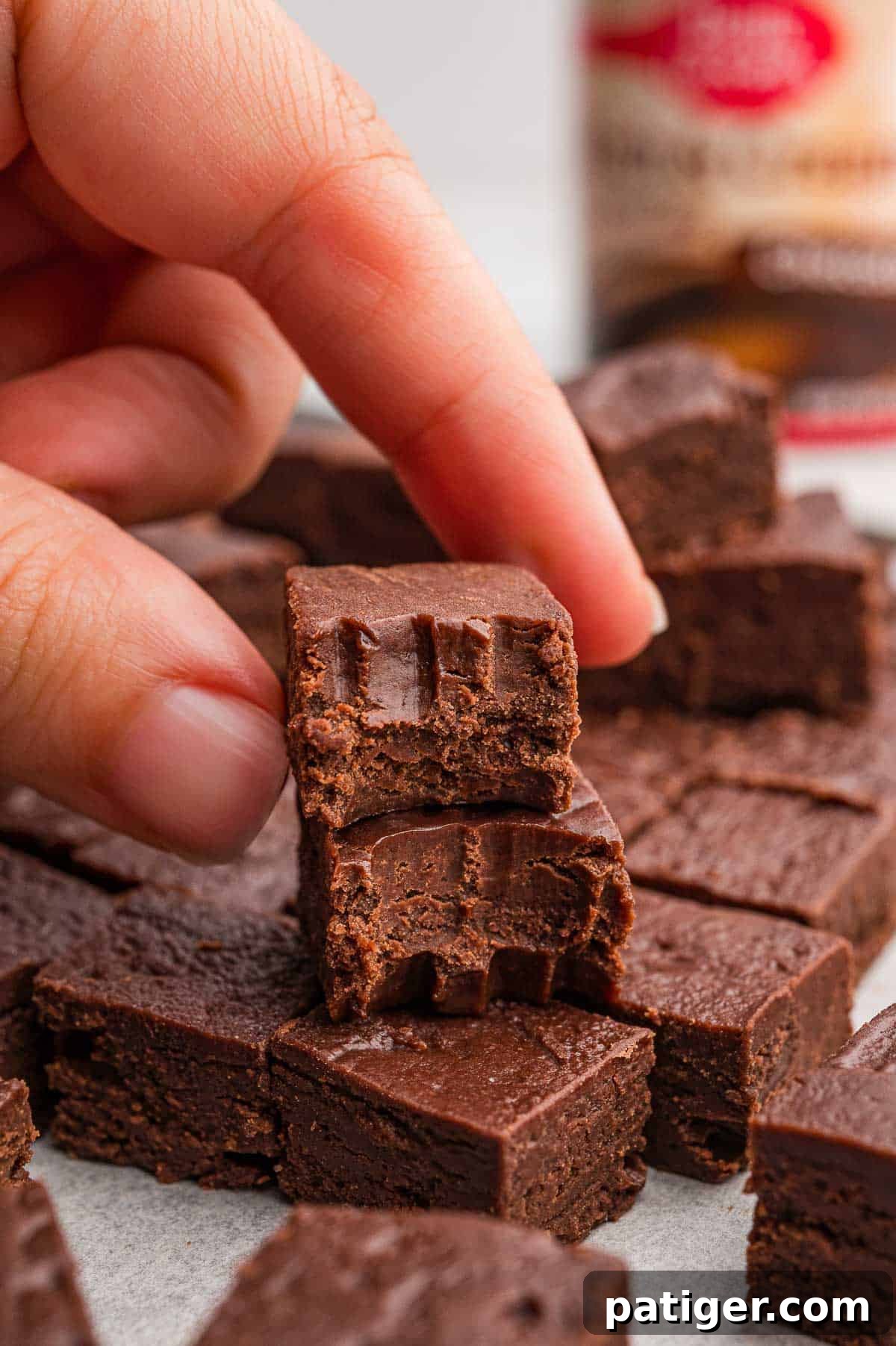 Two-Ingredient Chocolate Fudge Recipe 6 Hand holding a piece of fudge with a bite taken out over a pile of cut fudge squares.